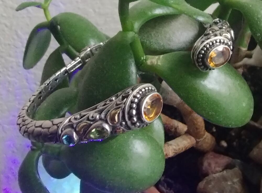 ROBERT MANSE Sterling 18K Gold Citrine Blue Topaz Peridot Hinged Bangle Bracelet